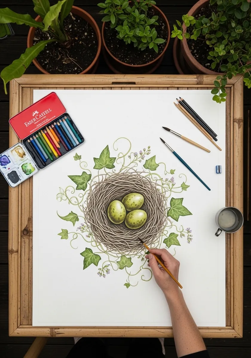 Colored pencil nest with green eggs framed by trailing ivy leaves