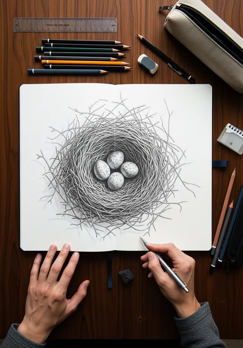 Detailed graphite nest with three speckled eggs drawn in an open sketchbook