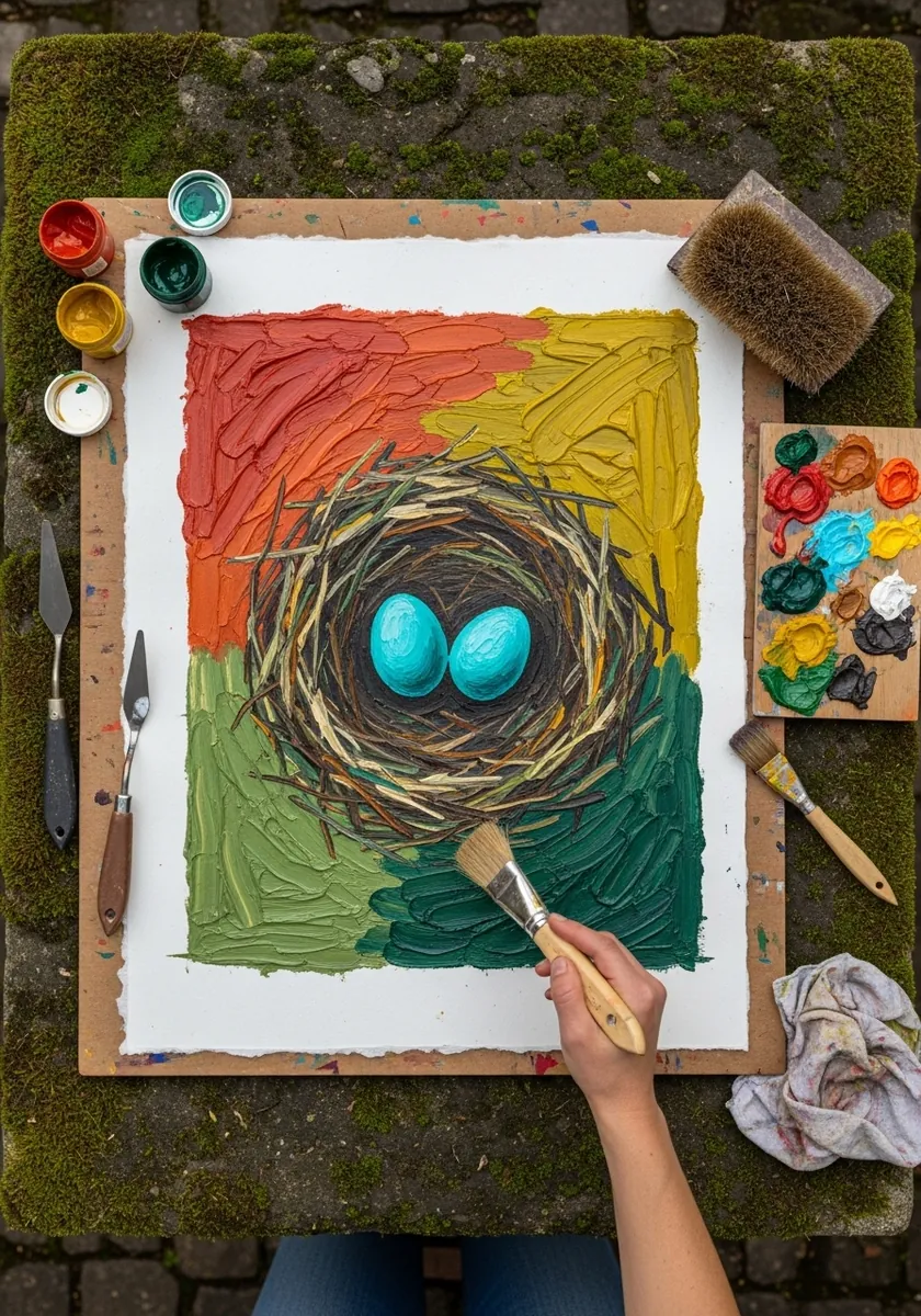 Thick oil paint nest with turquoise eggs on a red green and yellow background