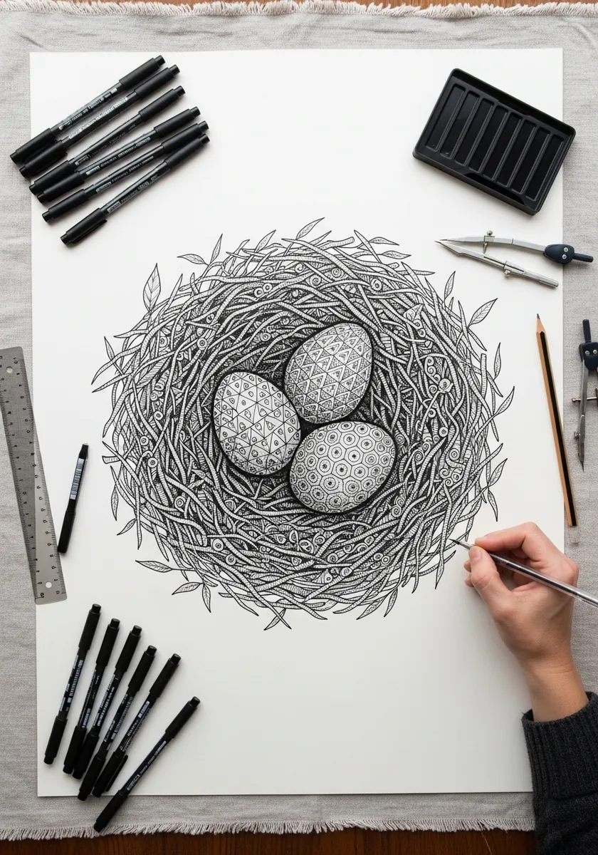 Fine ink nest with patterned eggs filled with zentangle style repeating motifs
