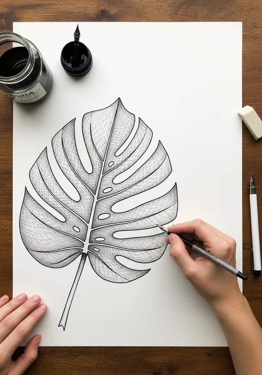 Fine ink monstera leaf with detailed cross hatched shading and split lobes