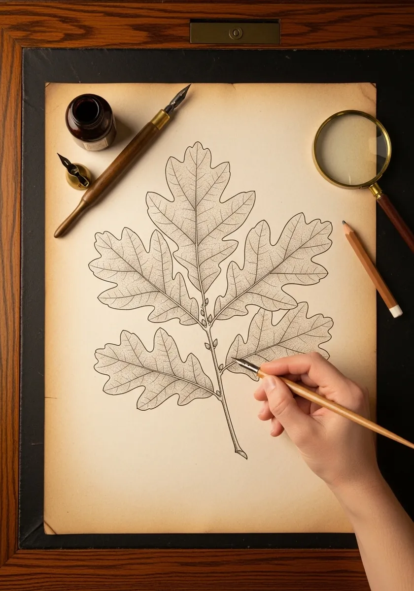 Sepia botanical drawing of an oak leaf cluster with fine vein tracing on cream paper