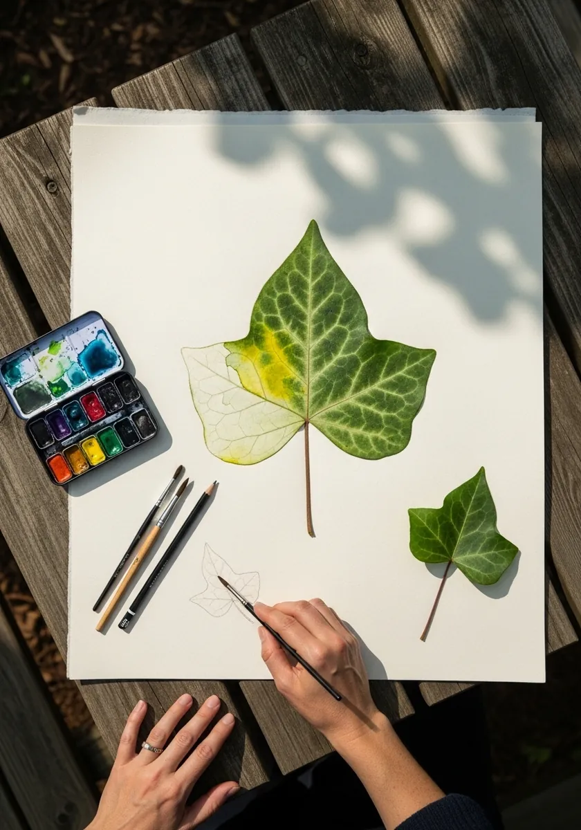 Watercolor ivy leaves in two sizes with pale veins and soft green washes
