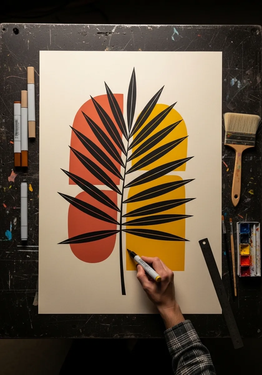 Graphic black palm frond on orange and yellow shapes in mid century style