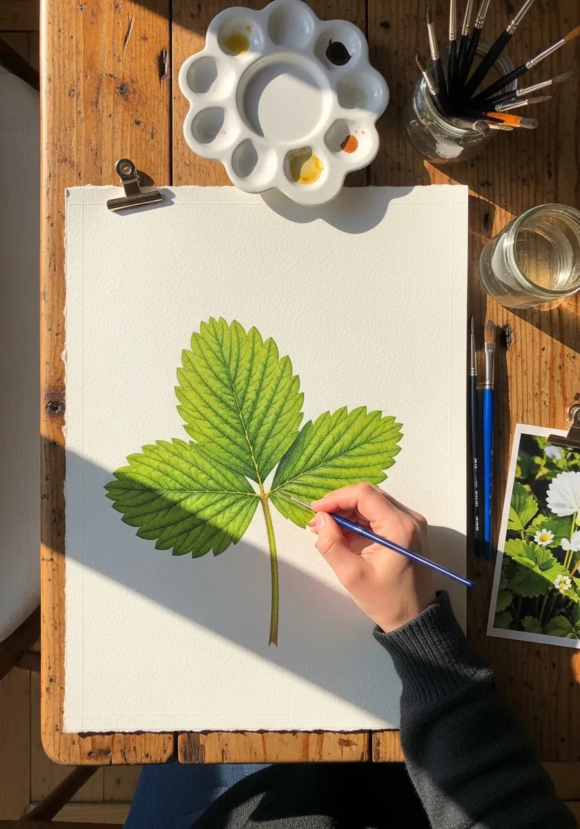 Watercolor trio of serrated strawberry leaves in fresh light green