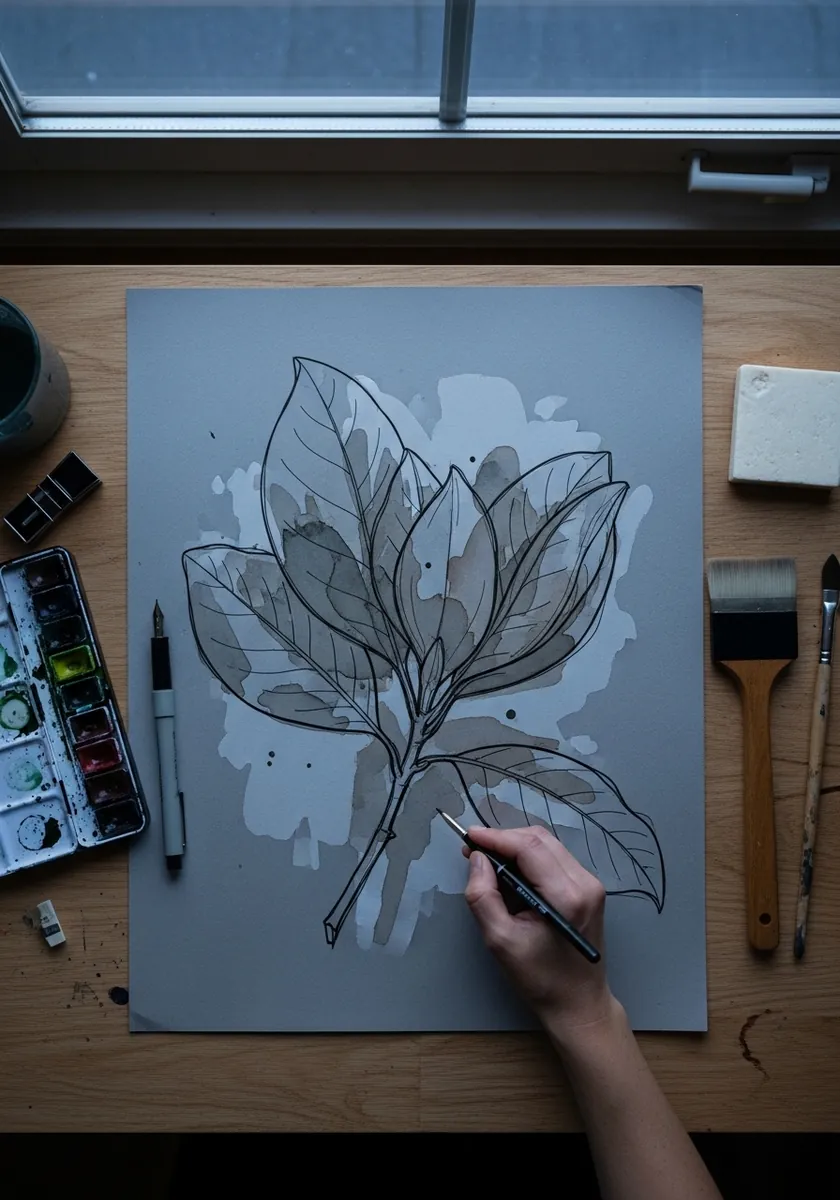 Fine line drawing of overlapping leaves on a soft gray watercolor wash