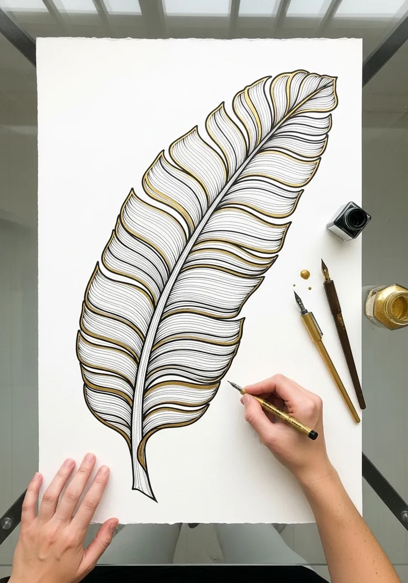 Elegant gold and black line banana leaf with flowing parallel vein lines
