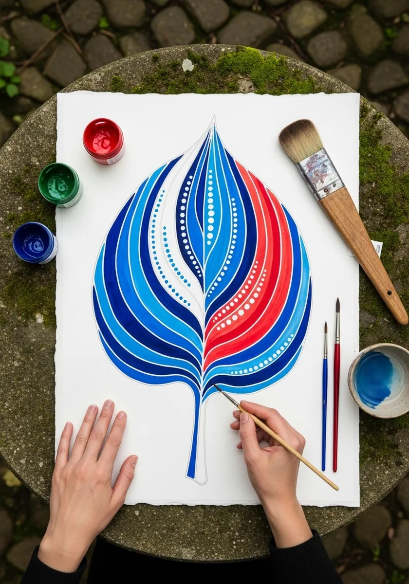 Bold folk art leaf painted in blue red and white flowing pattern bands