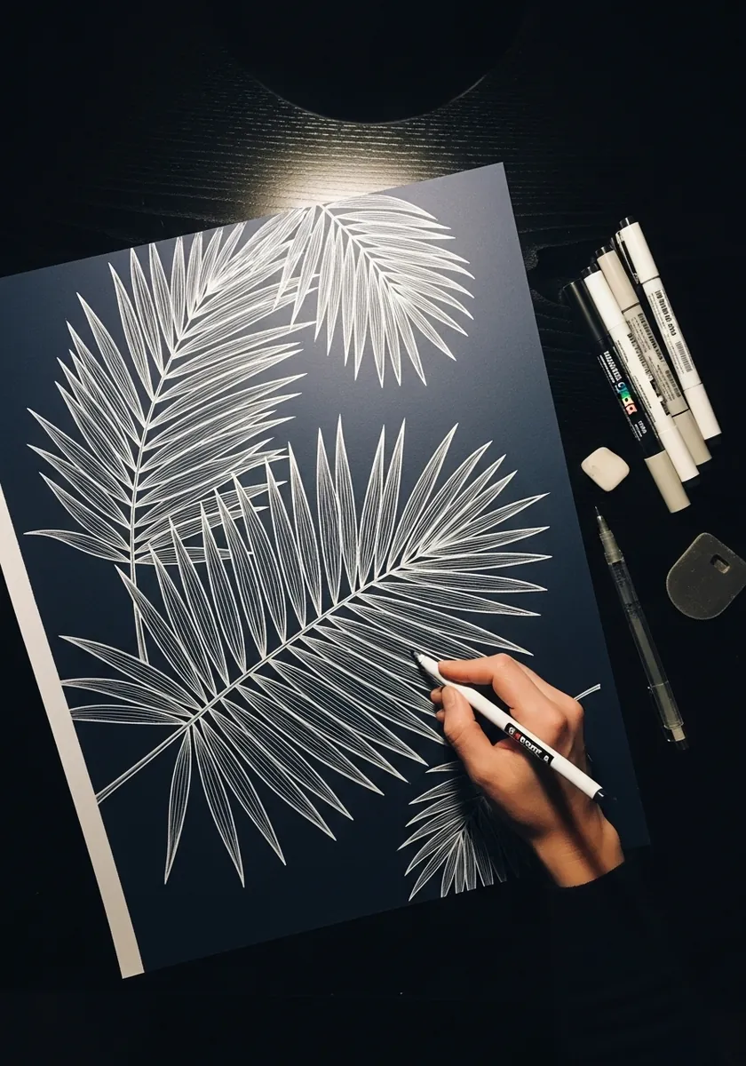 White gel pen palm fronds drawn on dark navy paper with fine line detail