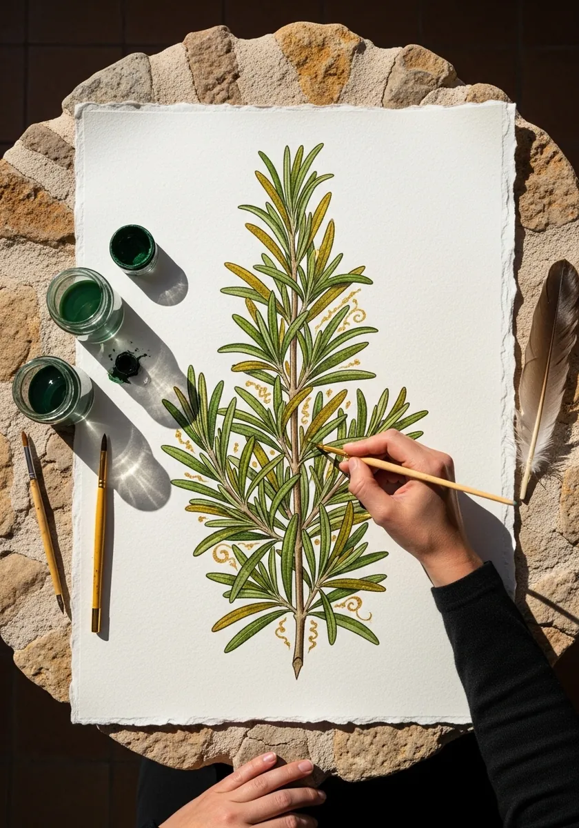 Detailed watercolor rosemary sprig with fine needle leaves and gold accents