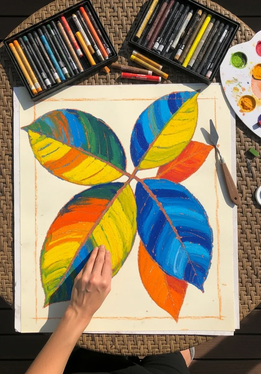 Six leaves arranged in a circle painted in bright oil pastel rainbow colors