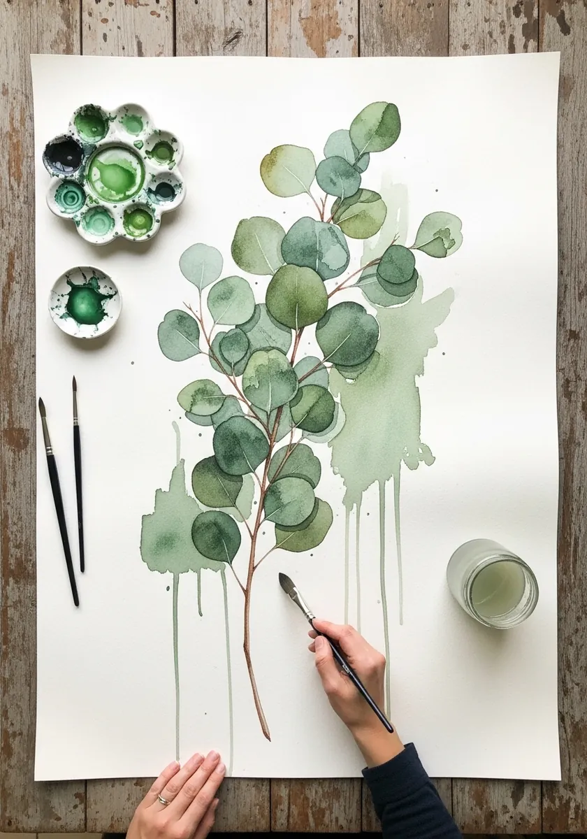 Soft green watercolor eucalyptus sprig with round leaves and paint drips