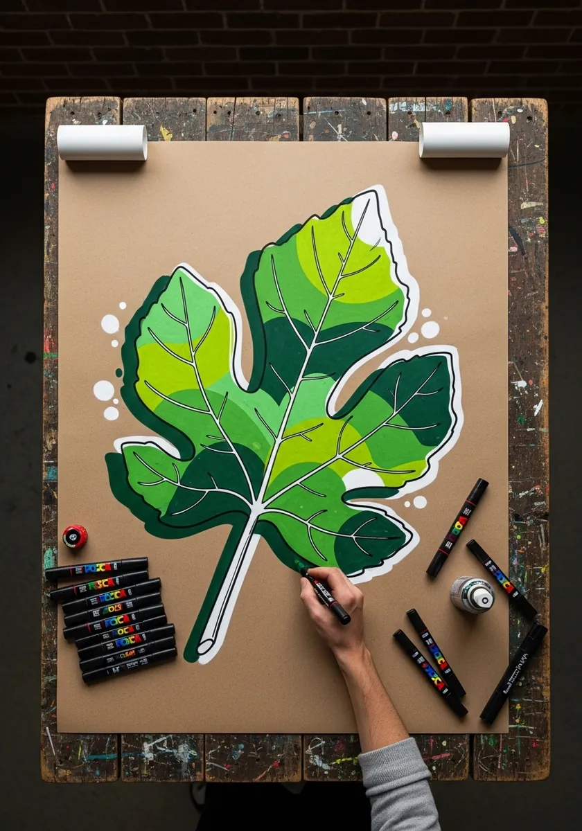 Bright green fig leaf with heavy black outline and white sticker style border