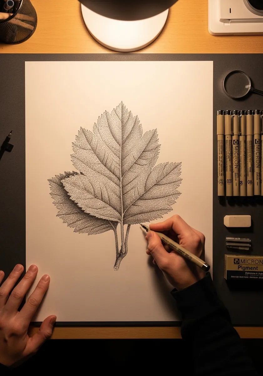 Fine stippled leaf drawing built entirely from ink dots on cream paper