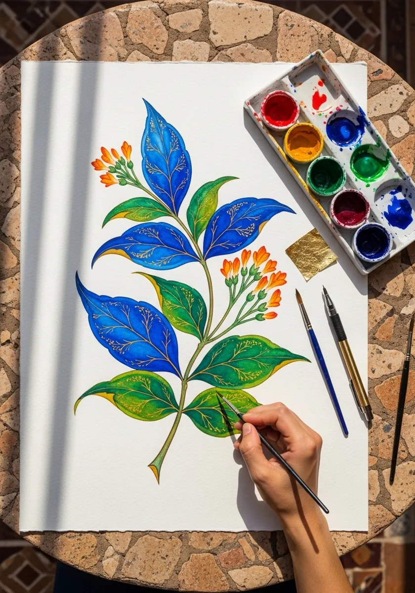 Ornate blue and green leaves with gold detailing and small orange flowers