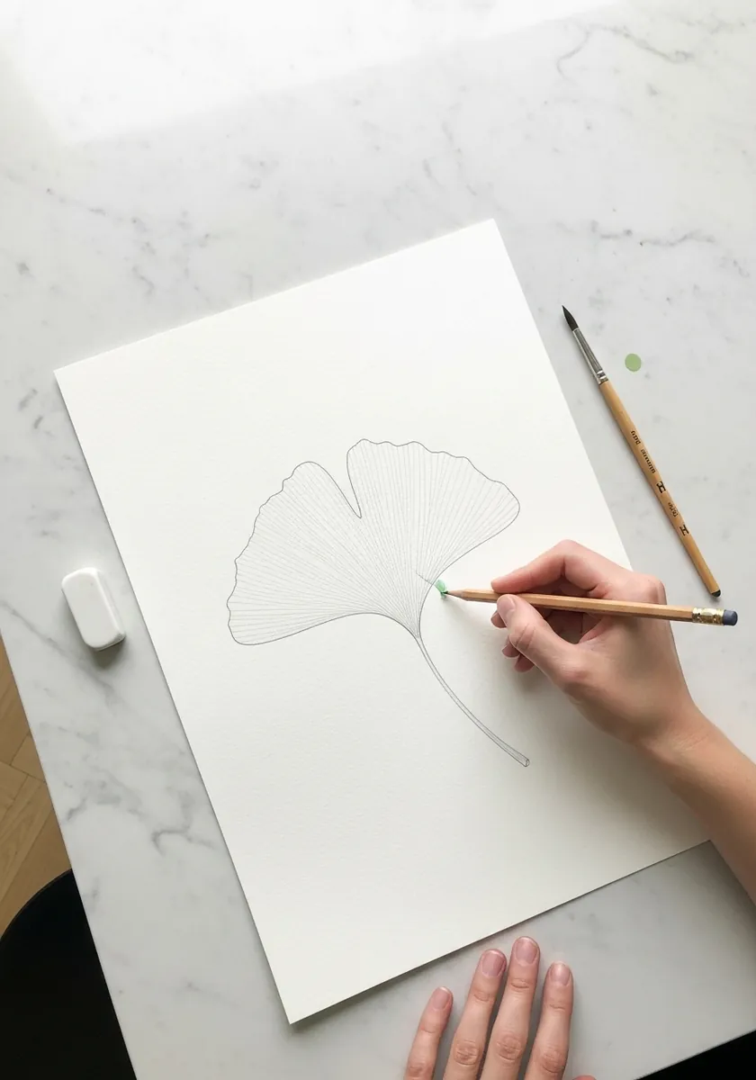 Very simple pencil outline of a ginkgo leaf on white paper with no shading