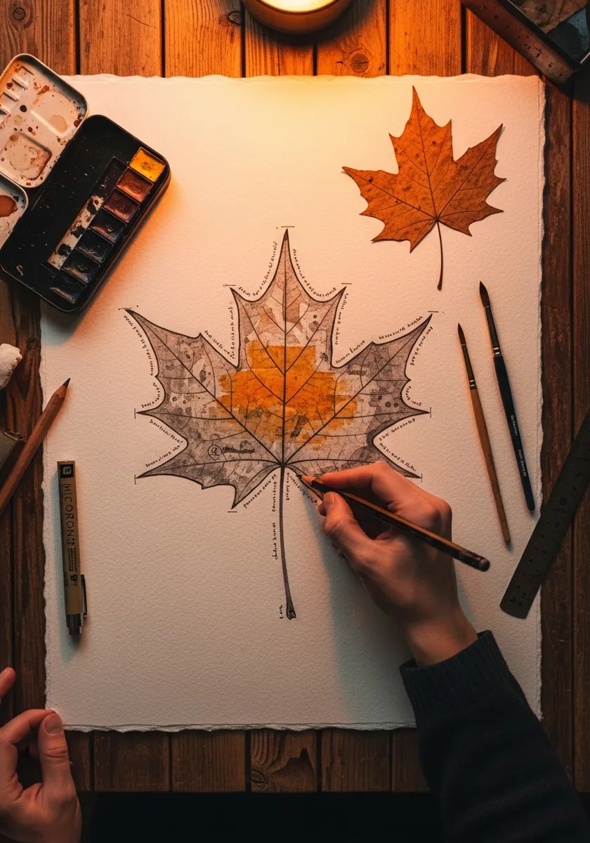 Watercolor maple leaf with an old map pattern printed inside its outline