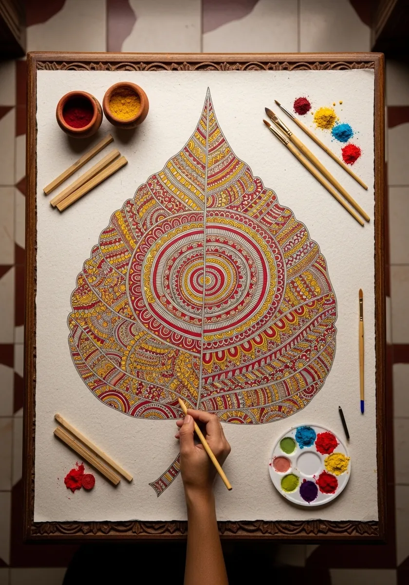 Large leaf covered in intricate red yellow and white Madhubani style patterning