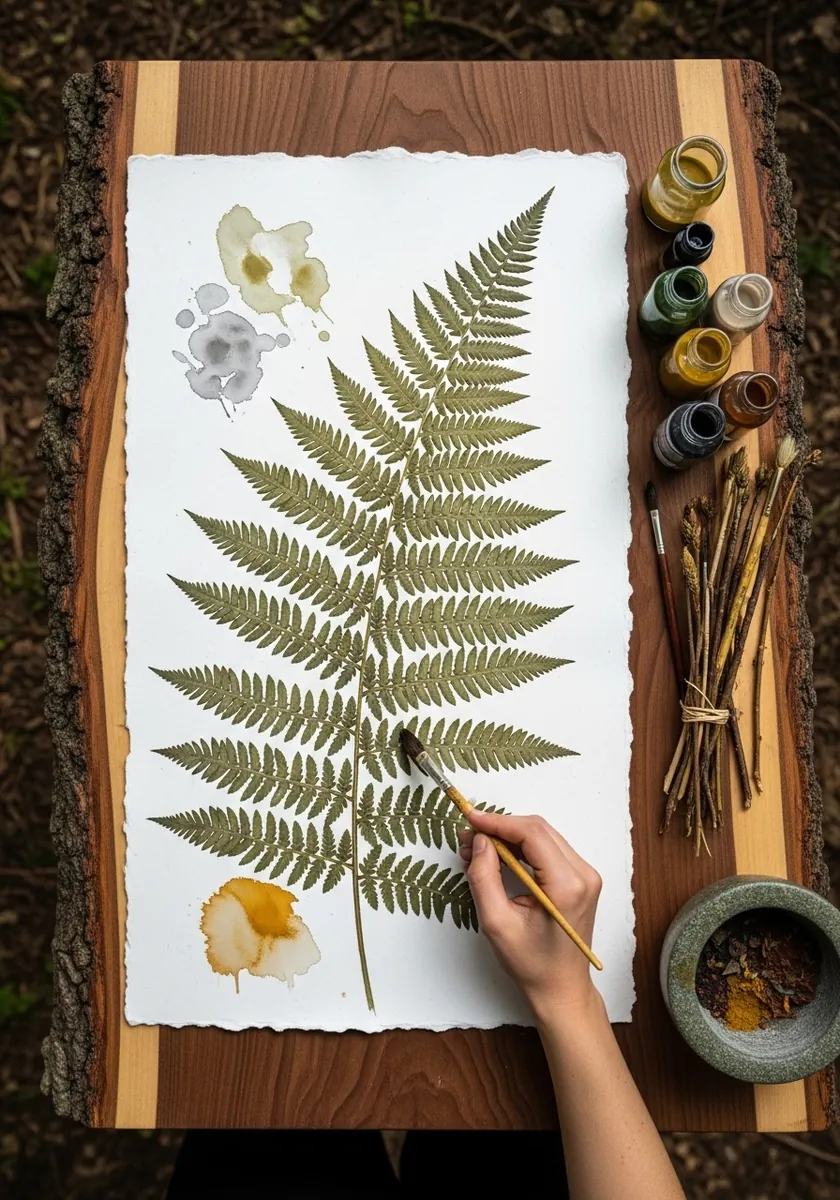 Pressed olive green fern frond painted with soft washes on textured paper
