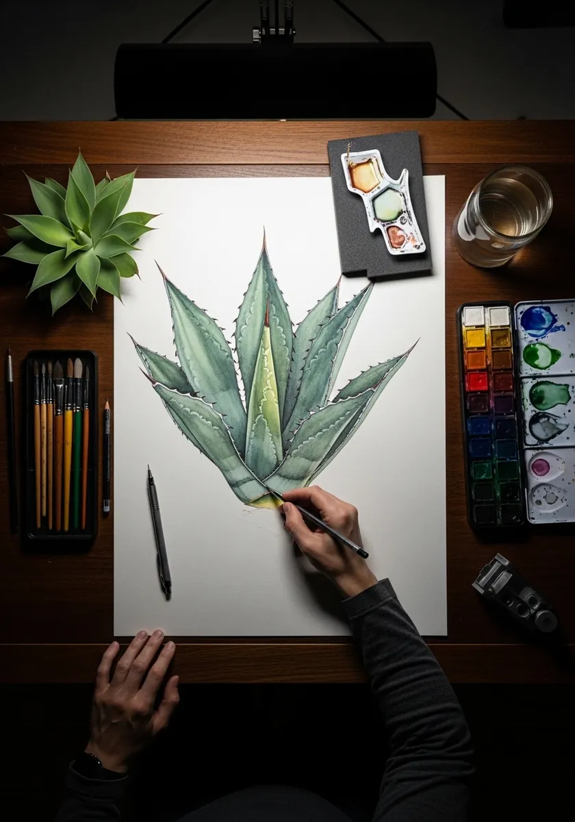Watercolor agave plant with thick pointed grey green leaves and spined edges