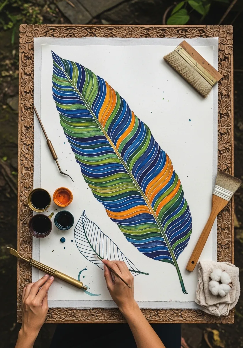 Long leaf filled with wavy blue green and orange pattern lines following the veins