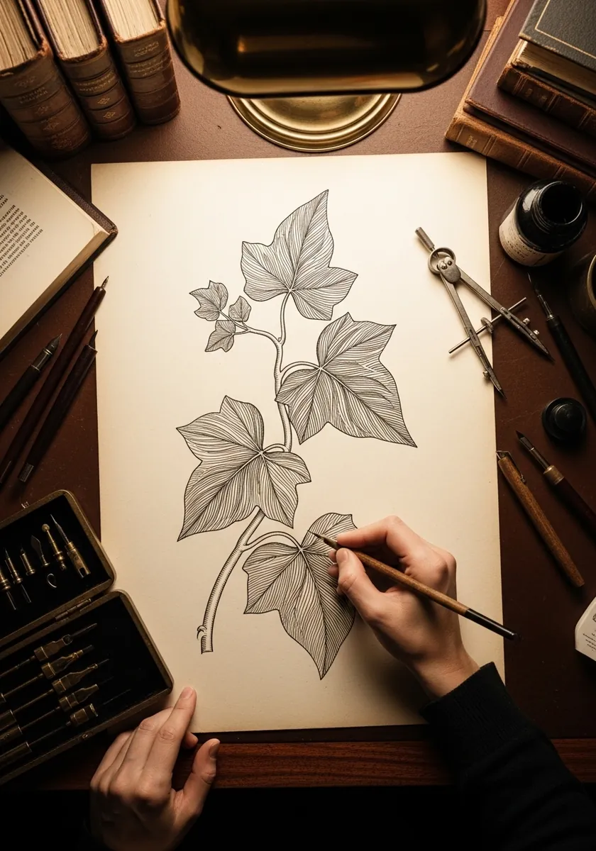 Antique style fine line ivy branch drawing with detailed leaf venation on cream