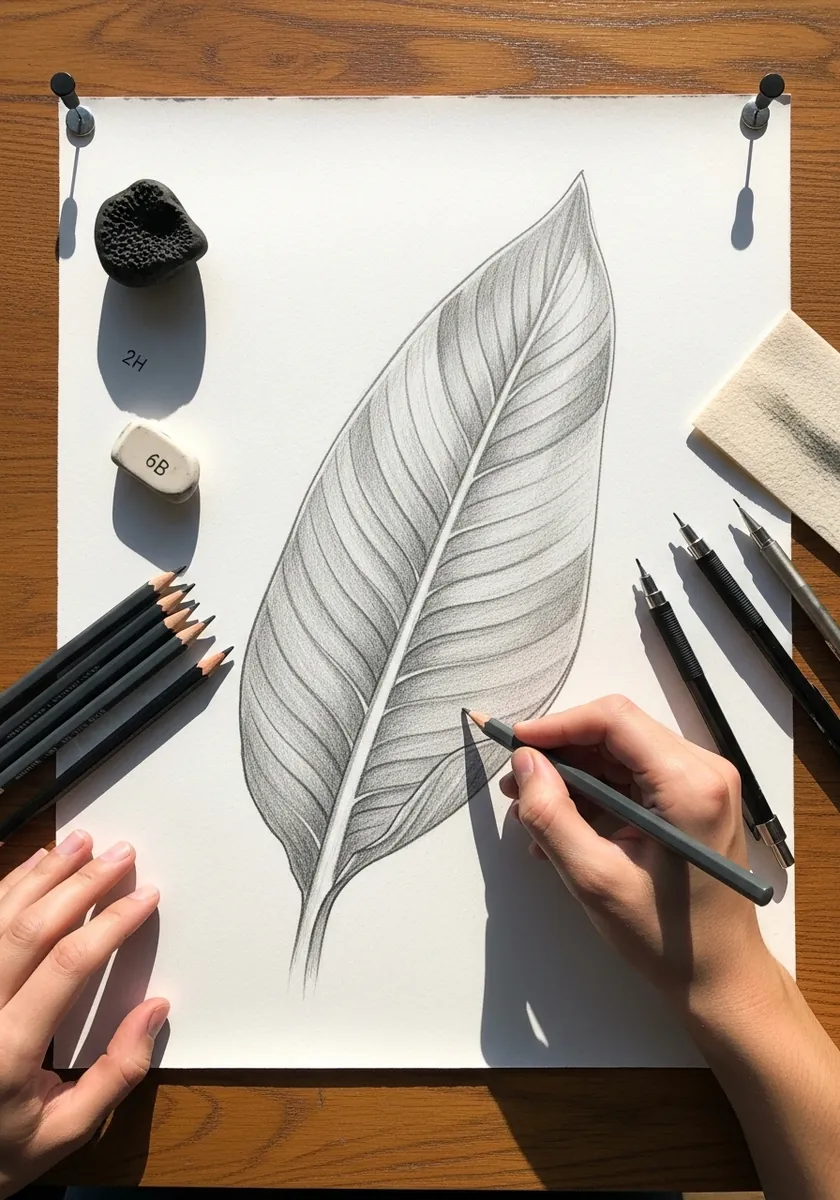 Detailed graphite drawing of a long leaf with parallel veins curling at the tip