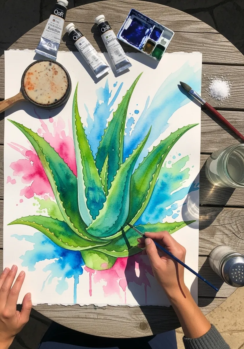 Watercolor aloe vera plant with green leaves and pink and blue splash background