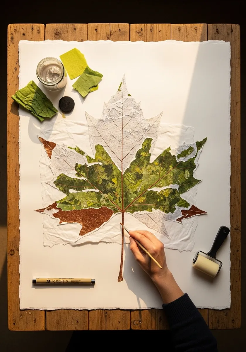 Large maple leaf collage built from torn green and brown handmade paper pieces