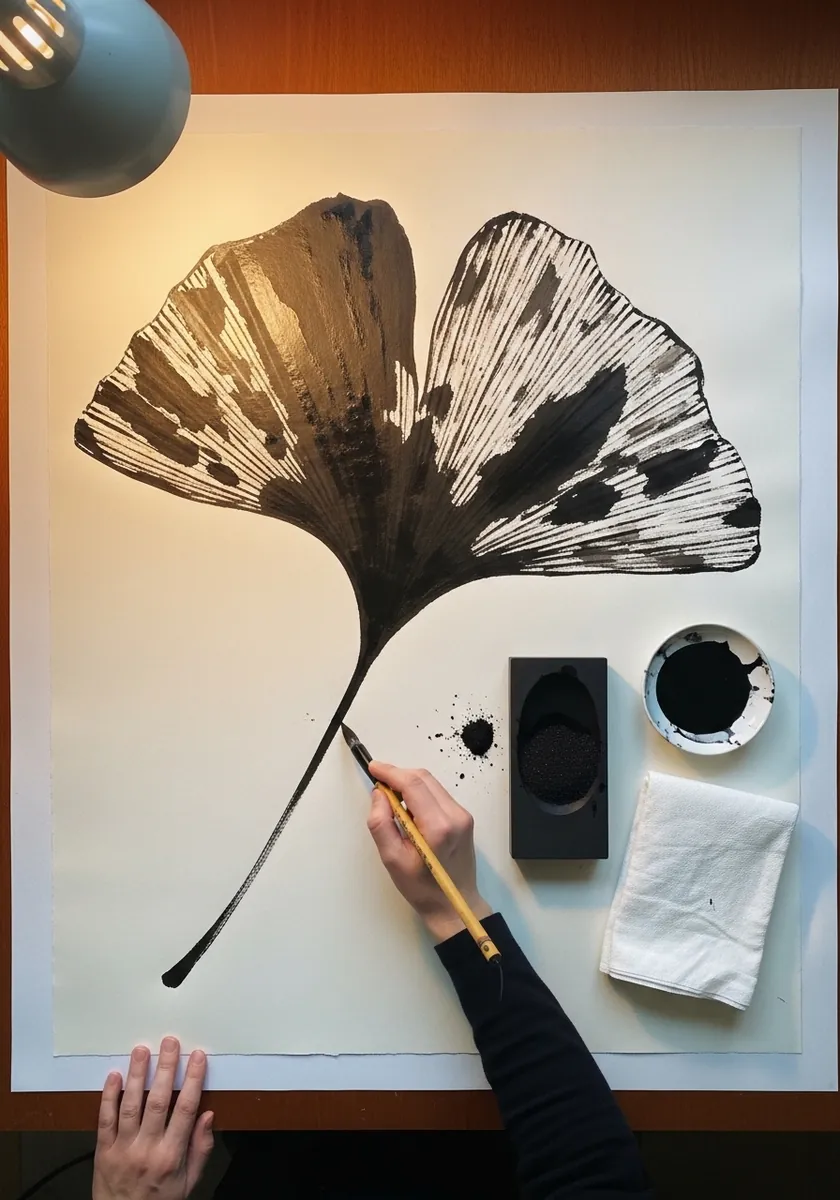 Large black brush ink ginkgo leaf with dry brush texture on white paper
