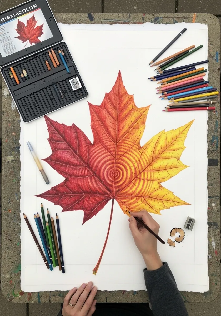 Colored pencil maple leaf in red orange and yellow with visible vein detail