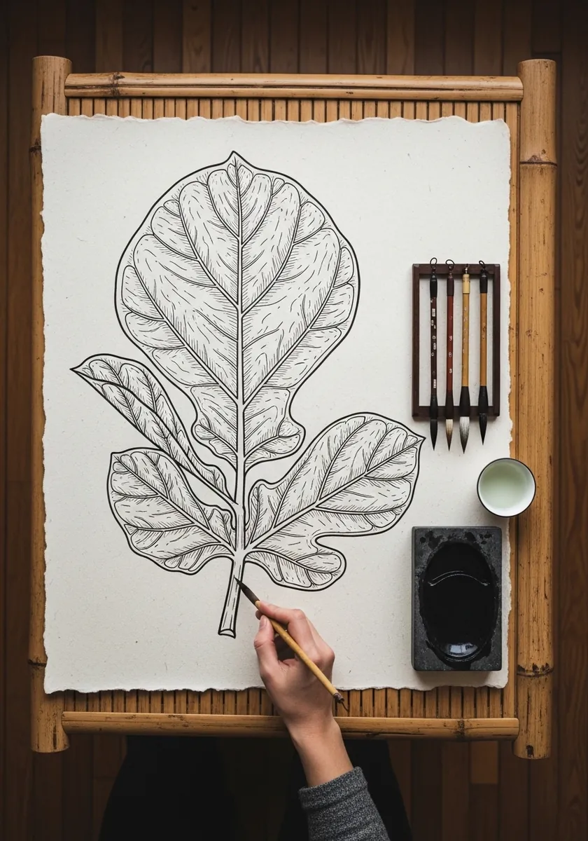 Clean black line drawing of a large fiddle leaf fig with detailed vein network