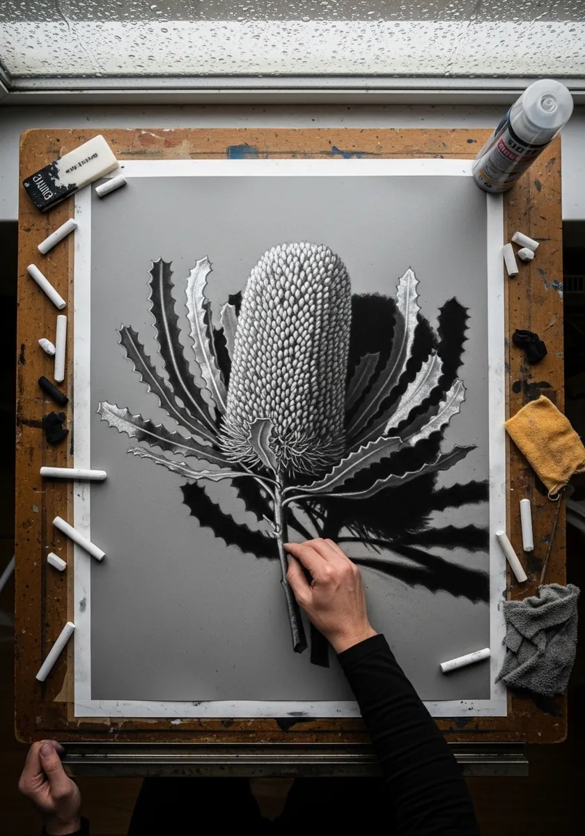Charcoal and white chalk banksia flower with serrated leaves on gray card