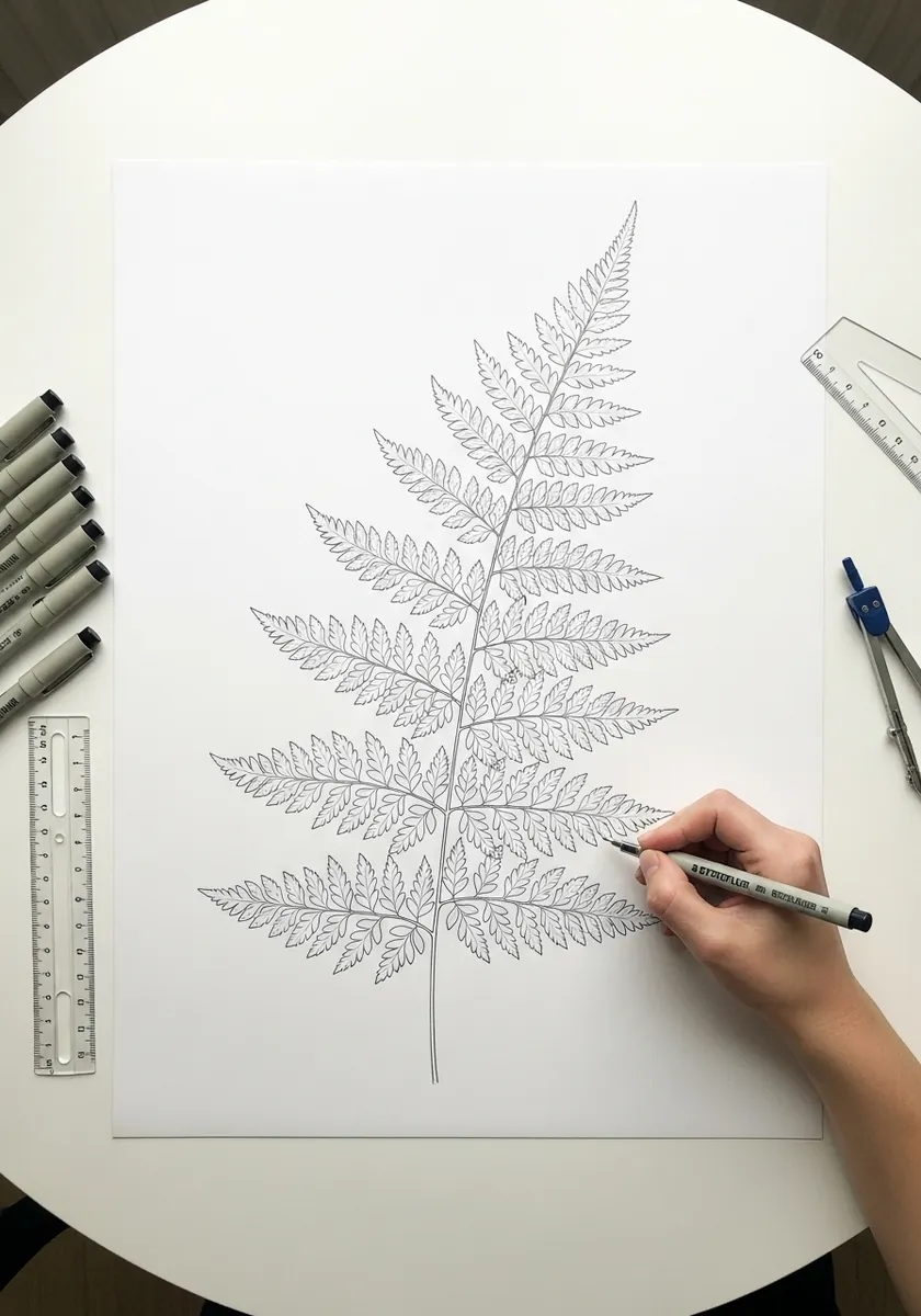 Delicate fine marker drawing of a fern frond with many small leaflets