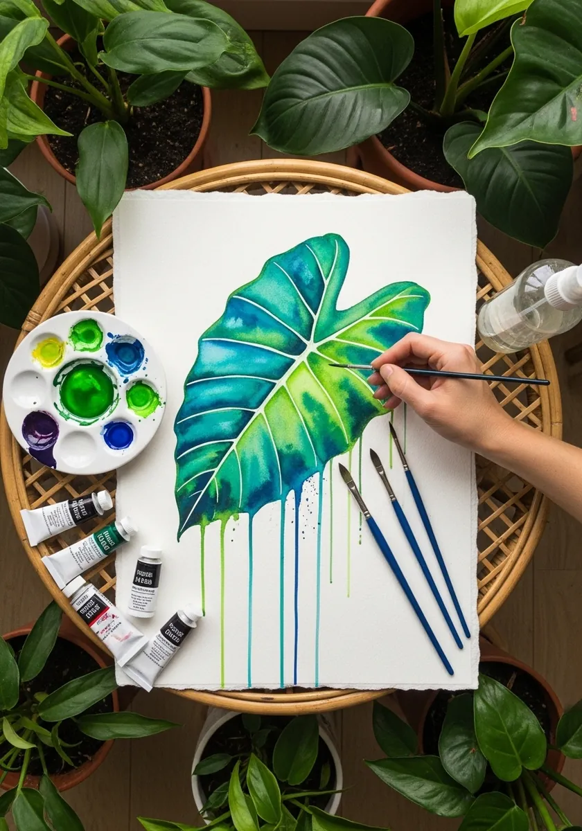 Bright green and blue watercolor tropical leaf with heavy paint drips below