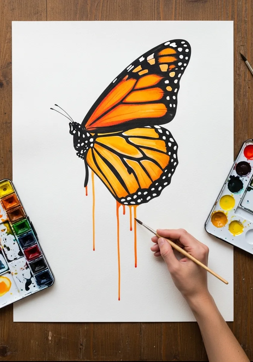 Watercolor monarch butterfly with orange wings black veins and dripping paint