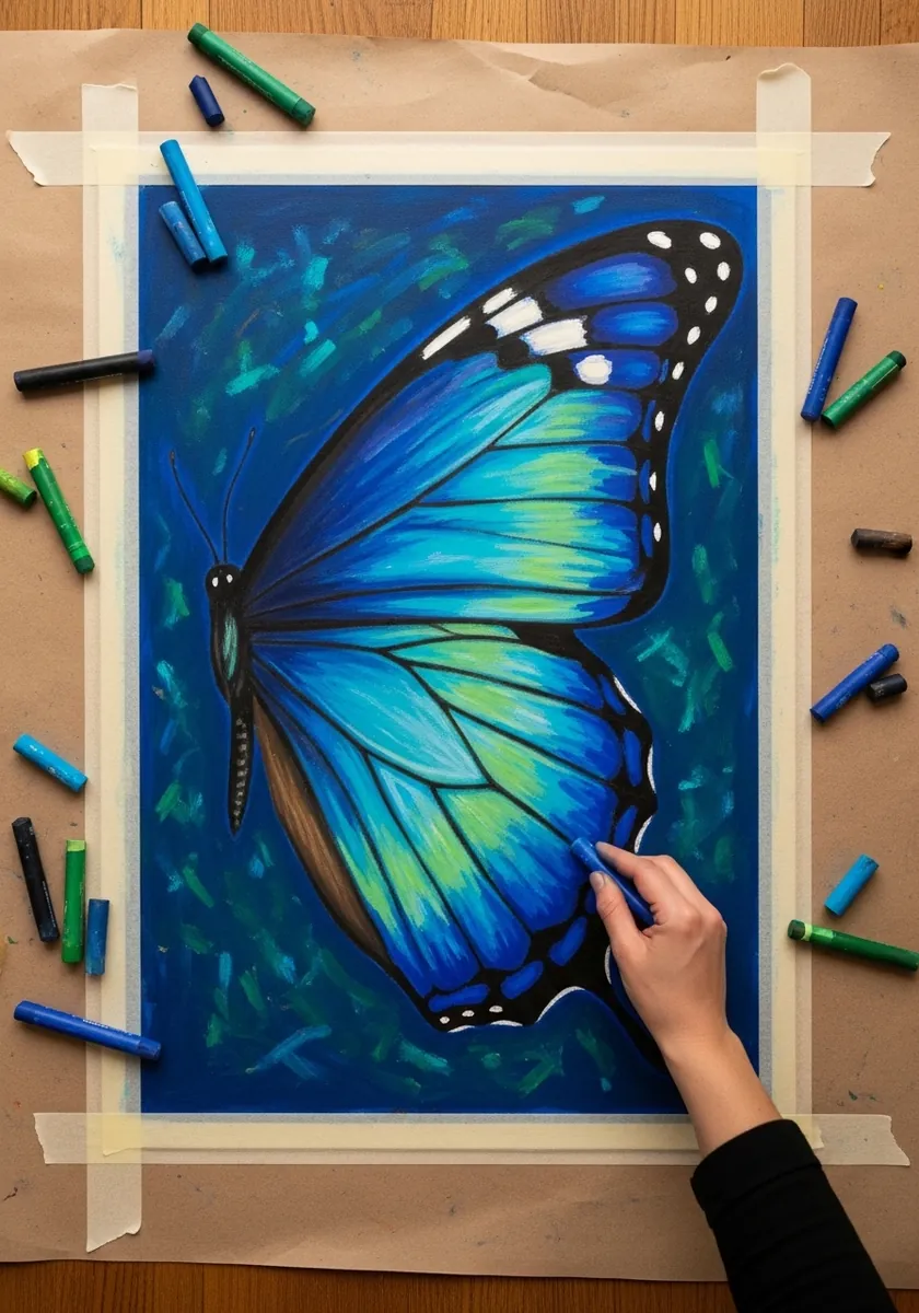 Oil pastel blue morpho butterfly with green highlights on textured paper