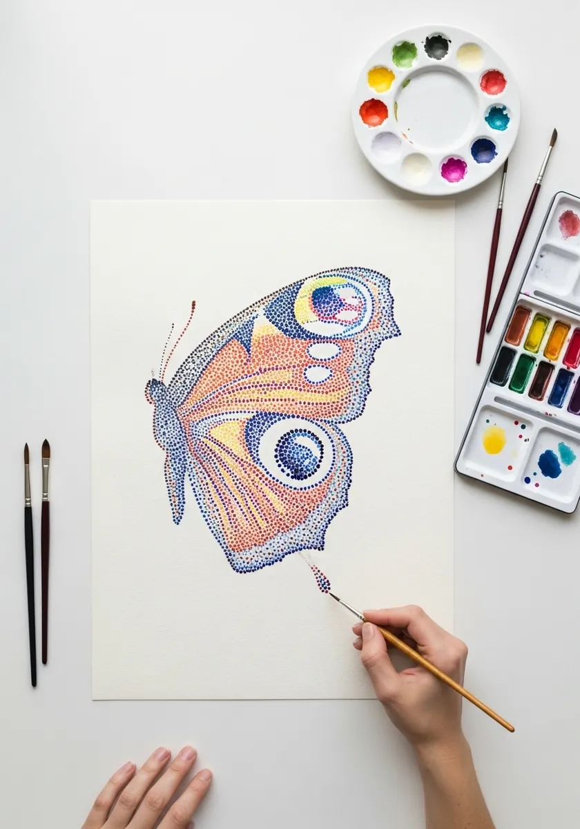 Colored stipple butterfly with blue and orange eyespots on both wing pairs