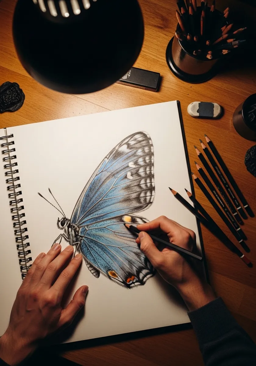 Detailed graphite butterfly with pale blue wing tint and fine vein shading