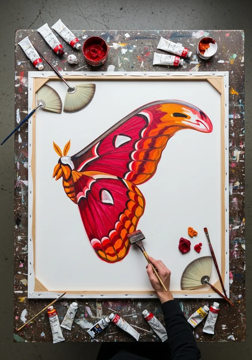 Large red and orange atlas moth painted with bold flat shapes and hooked wingtips