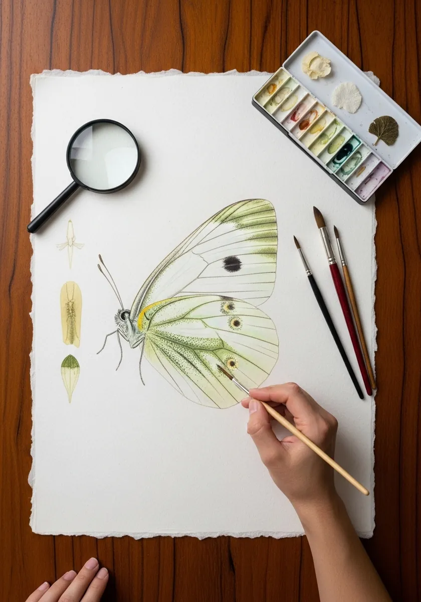 Delicate pale green and white butterfly botanical study with specimen labels
