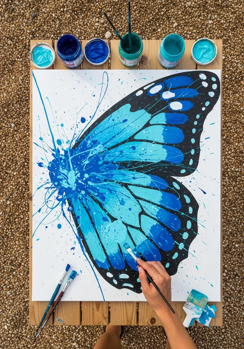Bright blue butterfly with heavy paint splatter and drips across the wings