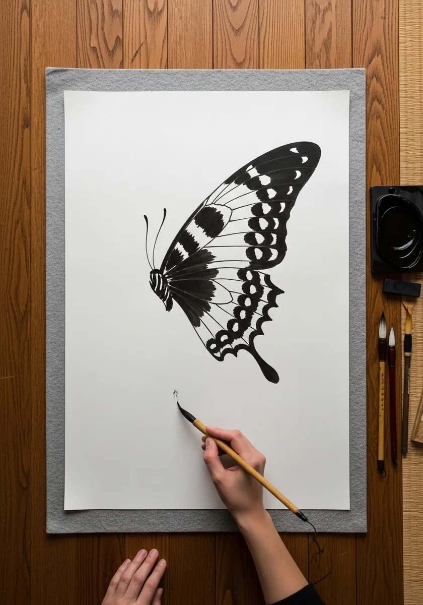 Solid black ink butterfly silhouette with white spot rows on plain white paper