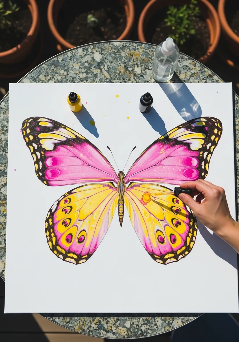 Symmetrical pink and yellow butterfly with dark eyespots on all four wings