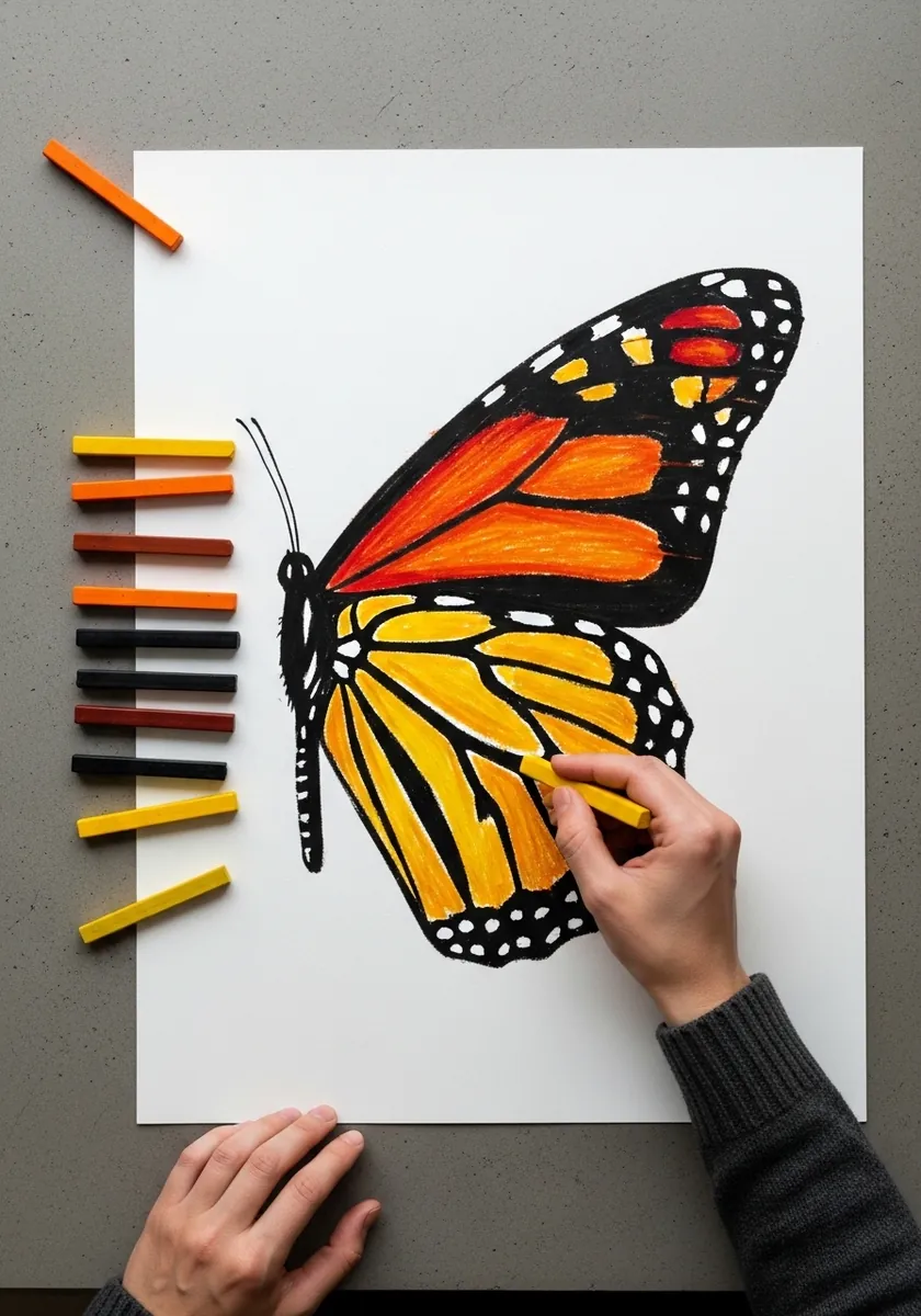 Chunky oil pastel monarch butterfly in orange yellow and black on white paper