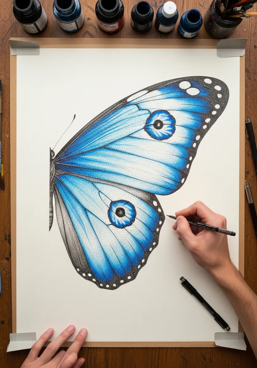 Stippled ink blue morpho butterfly with eyespots and dotted wing border
