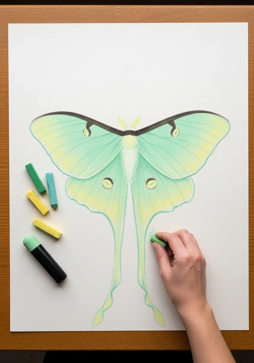 Pale green luna moth with long trailing tails and small eyespots on white