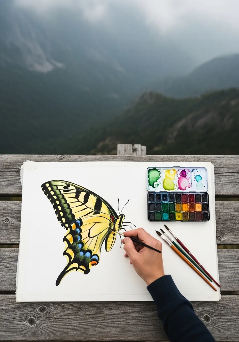 Yellow and black swallowtail butterfly painted with a misty mountain background