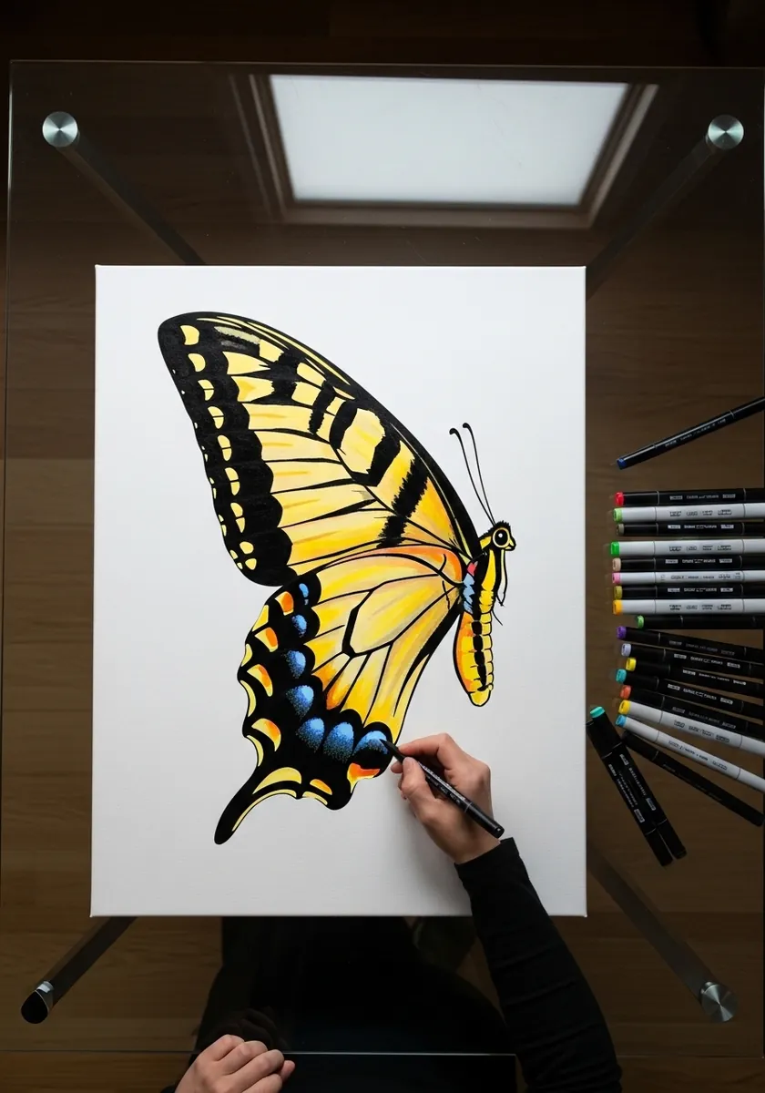 Bright yellow tiger swallowtail with heavy black stripes drawn with markers