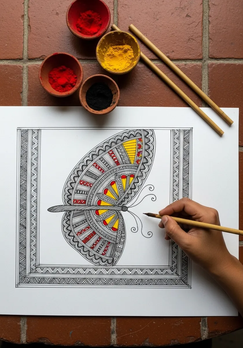 Folk art butterfly filled with fine Madhubani patterns inside a decorative border